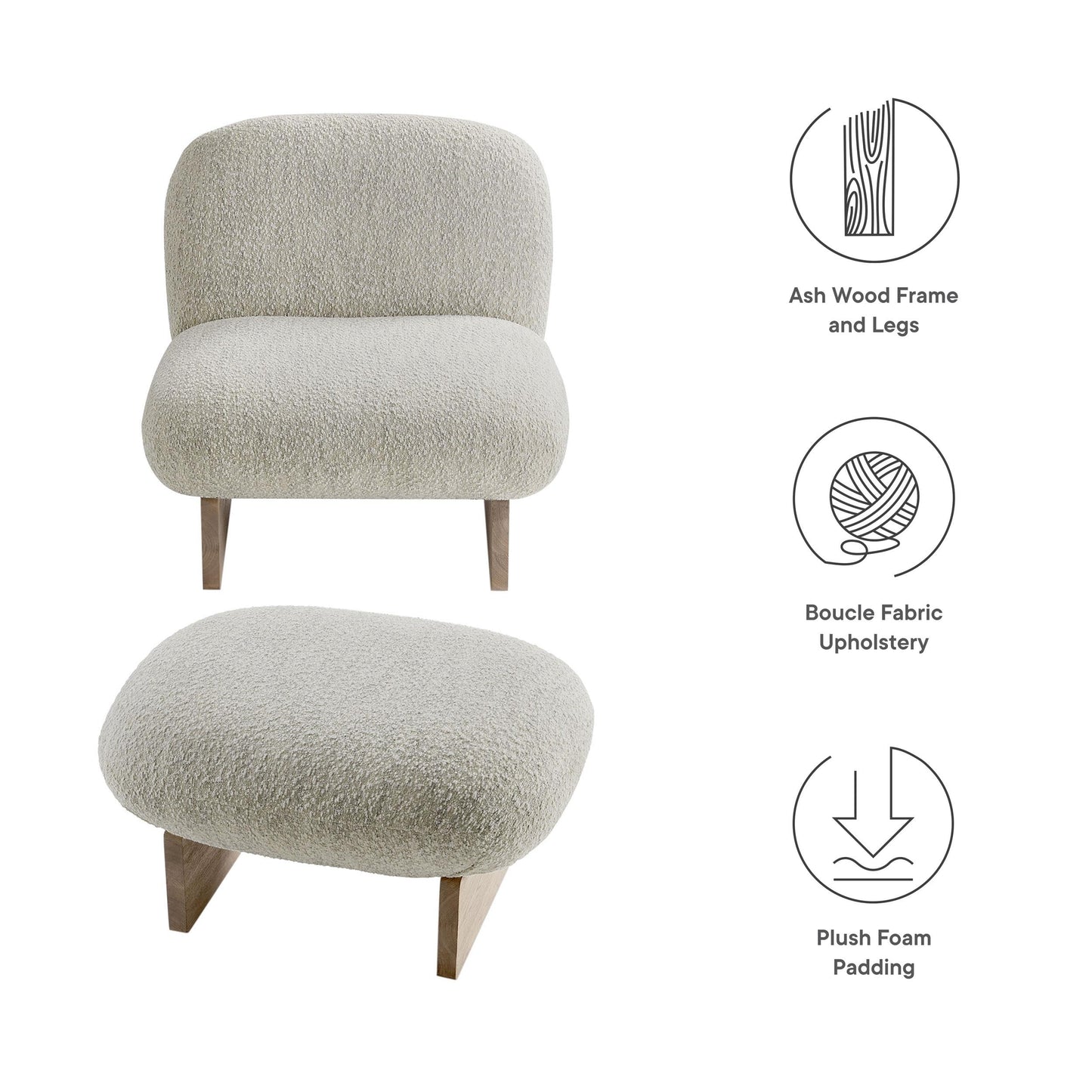 Modway Loyal Boucle Fabric Accent Chair with Ottoman in Pearl Oak - Comfy Modern Armless Lounge Chair with Footrest - Upholstered Round Sofa Chair and Footstool Set for Living Room or Bedroom