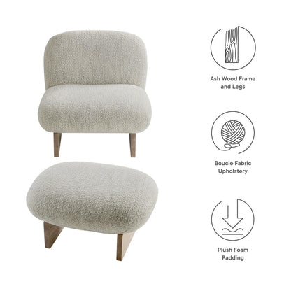 Modway Loyal Boucle Fabric Accent Chair with Ottoman in Pearl Oak - Comfy Modern Armless Lounge Chair with Footrest - Upholstered Round Sofa Chair and Footstool Set for Living Room or Bedroom