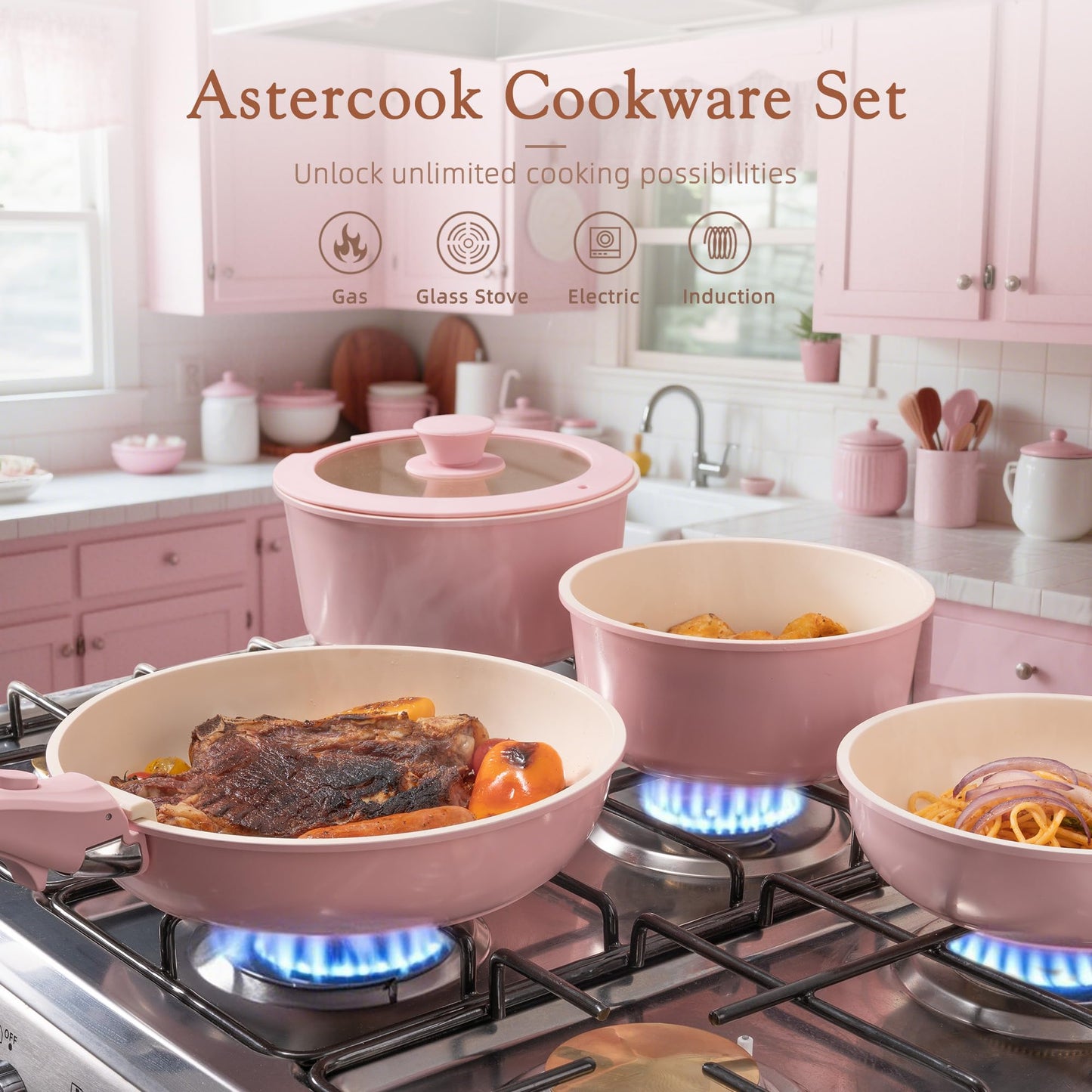 Astercook 21 Pcs Pots and Pans Set Non Stick, Ceramic Cookware Set Detachable Handle, RV Kitchen Cooking Set Removable Handles, Oven Safe, Induction Ready, Stackable, Pink, Mothers Day Gifts