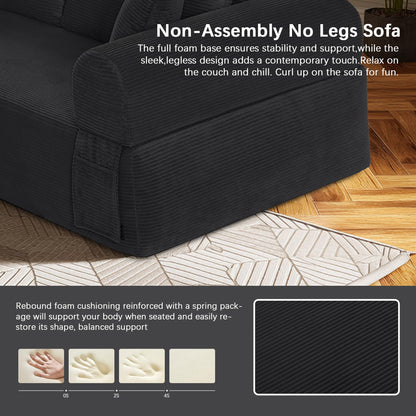 83" Modern Sofa in a Box, No Assembly Oversized 3 Seater 28" Deep Seat Cloud Sofa Bed Couch with 4 Furry Pillows & Corduroy Fabric, Boneless Couch with Side Storage Pockets for Living Room, Black
