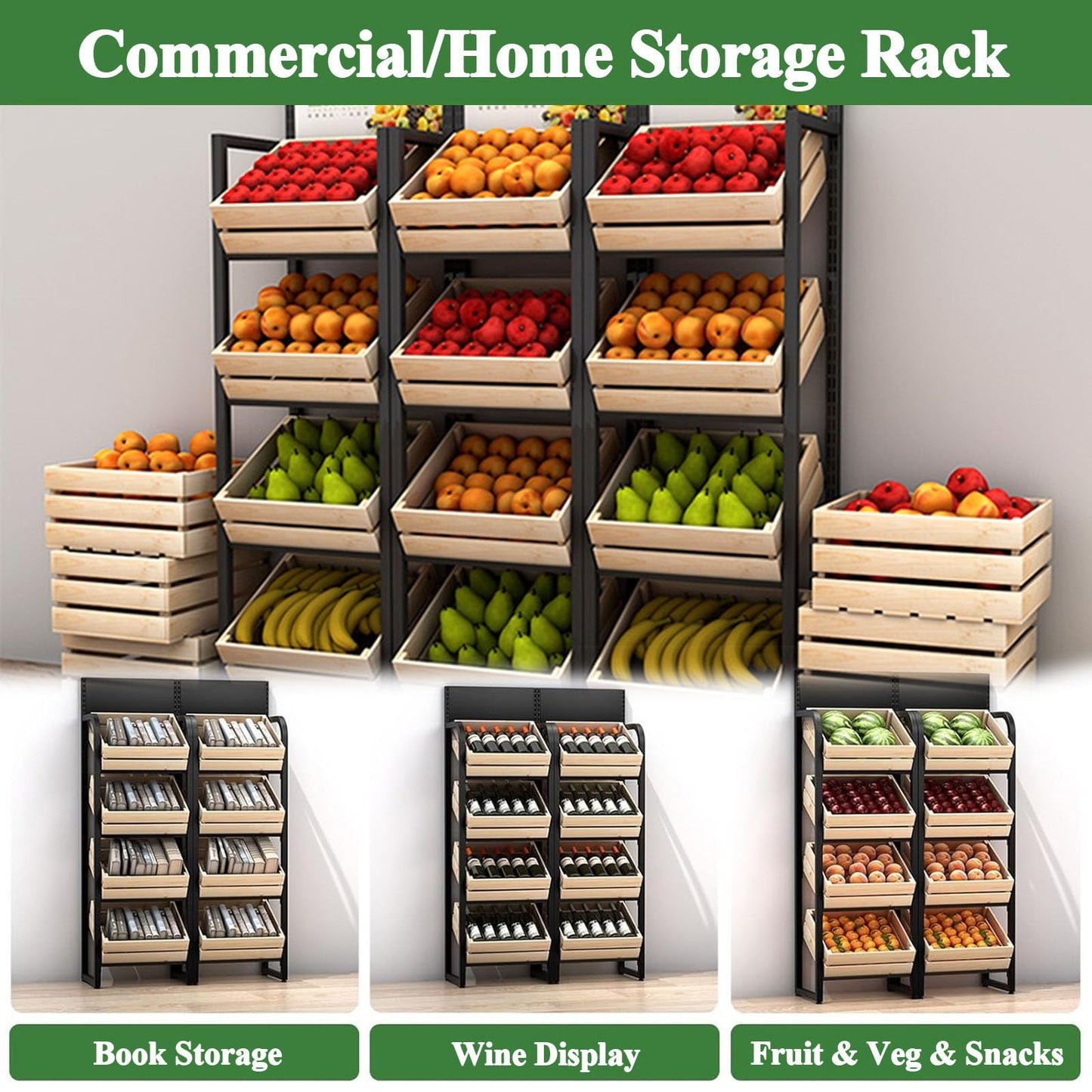 3/4 Tier Solid Wood Kitchen Shelf Rack for Fruits & Vegetables, Large Display Stand for Commercial Supermarket Use, Multi-layer Storage Organizer for Potato, Onion(F-4 Tier)