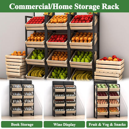 3/4 Tier Solid Wood Kitchen Shelf Rack for Fruits & Vegetables, Large Display Stand for Commercial Supermarket Use, Multi-layer Storage Organizer for Potato, Onion(F-4 Tier)