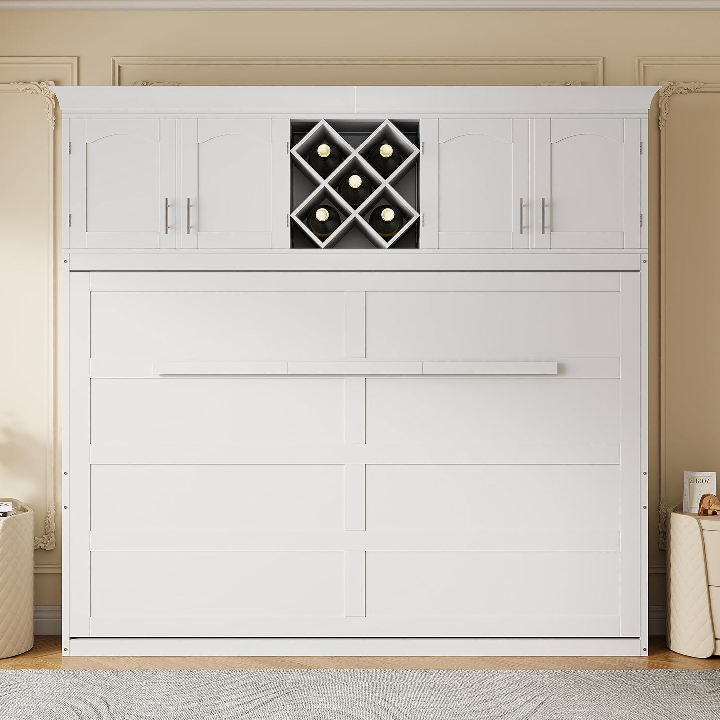 Murphy Bed Queen Size,Murphy Bed with Top Cabinets & Wine Rack,Space-Saving Hideaway Wall Foldable Bed w/Dual Piston Metal Folding Mechanism,Bedroom Folding Bedframe for Guest Room,White
