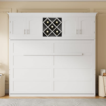 Murphy Bed Queen Size,Murphy Bed with Top Cabinets & Wine Rack,Space-Saving Hideaway Wall Foldable Bed w/Dual Piston Metal Folding Mechanism,Bedroom Folding Bedframe for Guest Room,White