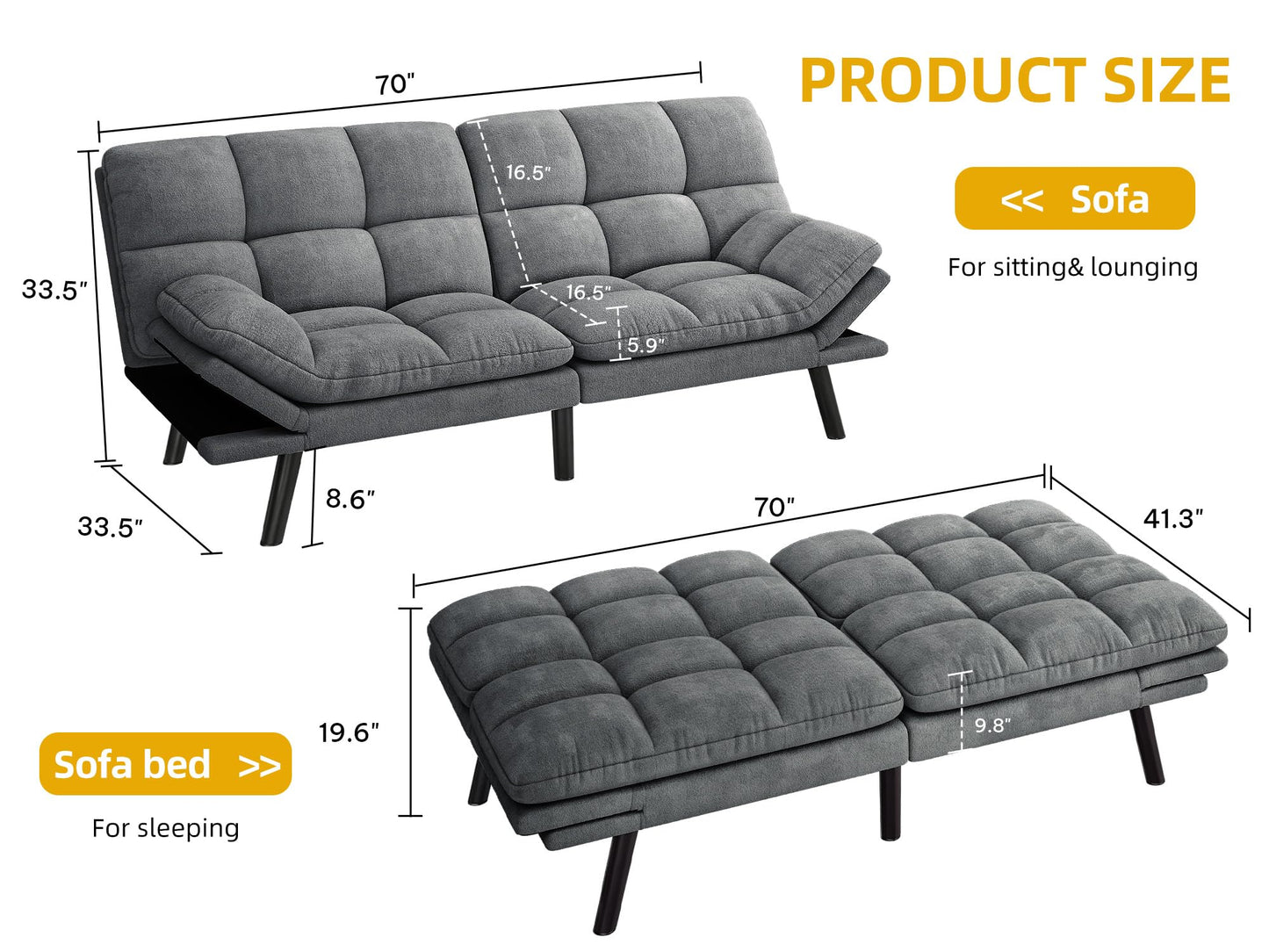 YITAHOME Convertible Futon Sofa Bed, 70" Folding Futon Set for Living Room Home Office Aprtment, Modern Futon Couch with Adjustable Backrest & Armrests, Recliner Lounge, Loveseat Sofa