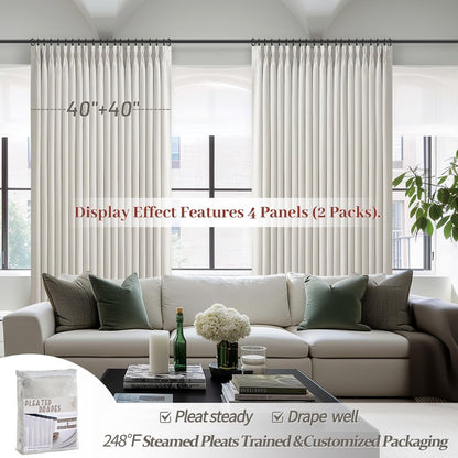 100% Blackout Linen 96 Inch Curtains 2 Panel Set for Bedroom, Modern Pinch Pleated Natural Linen Off Beige White Insulated Heavy Curtain 40 x 96 Inches Length Sliding Glass Door Room Darkening Drapes