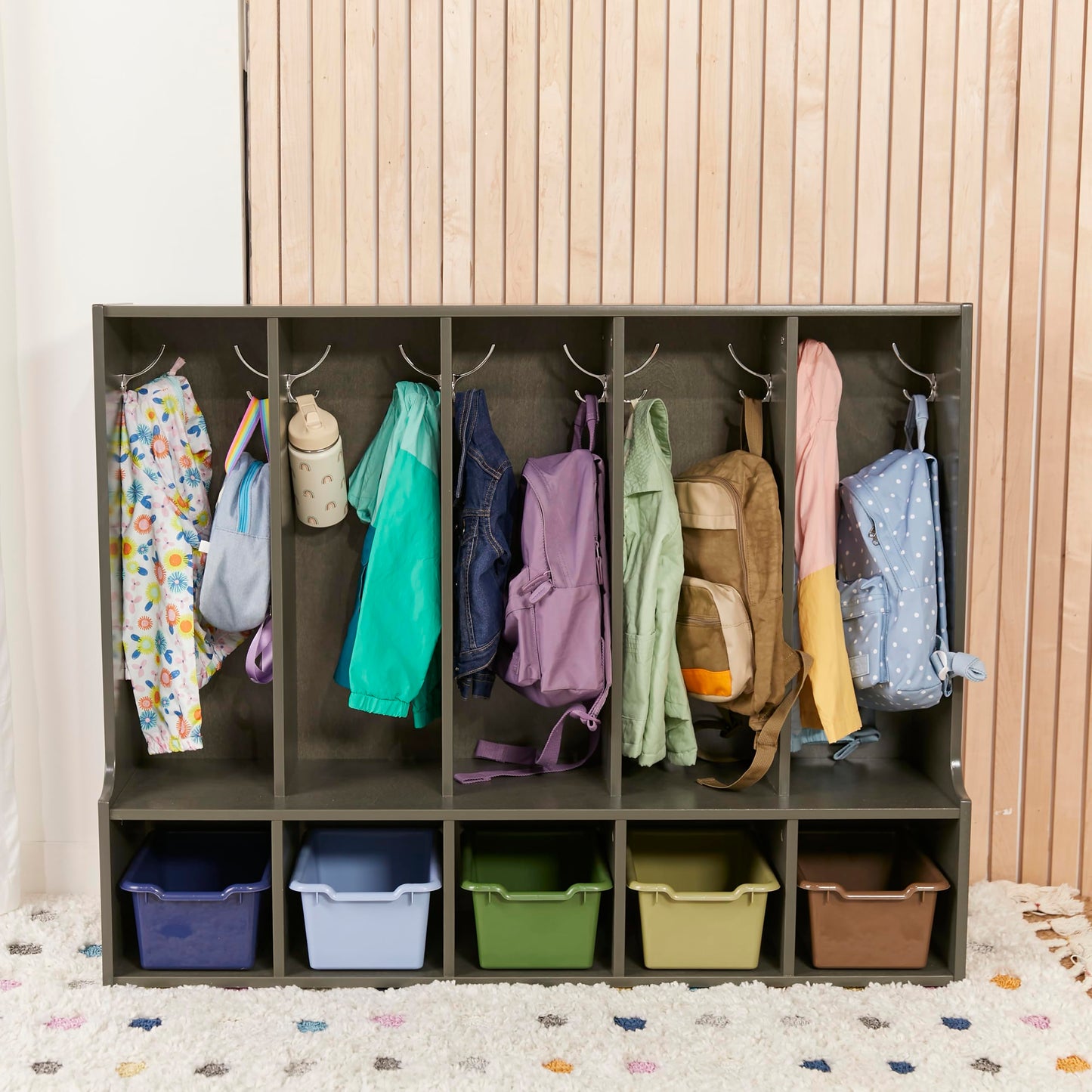 ECR4Kids Streamline 5-Section Toddler Coat Locker with Bench, Classroom Furniture, Grey Wash