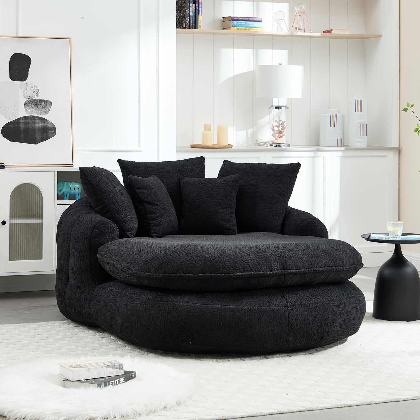 Oversized Oval Bean Bag Sofa, Chenille Fabric Floor Lounger with 5 Pillows and Wrap-Around Backrest for Adults, Large Lazy Sofa for Living Room and Game Room, Black