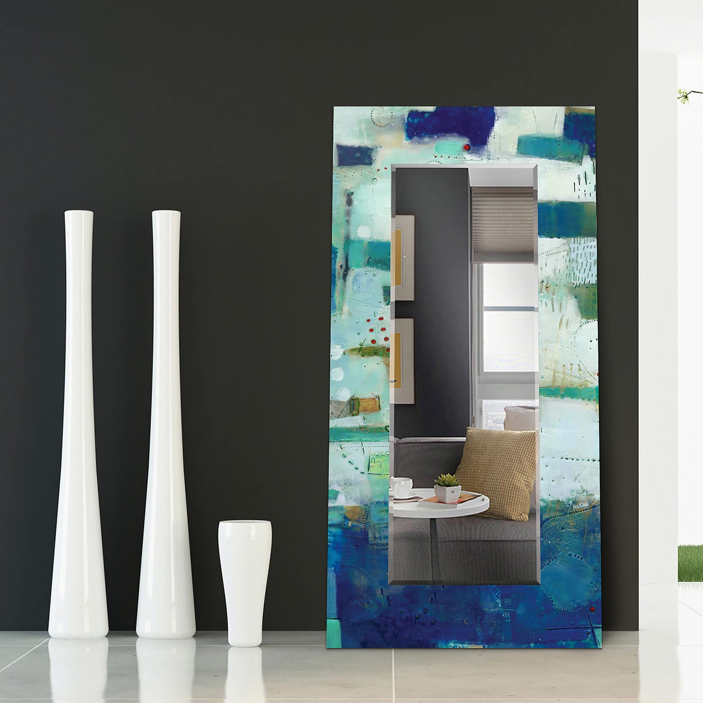 Empire Art Direct Rectangular Beveled Wall Mirror on Blue Abstract Printed Temped Glass, Vanity, Bathroom Mirror, Ready to Hang, Blue