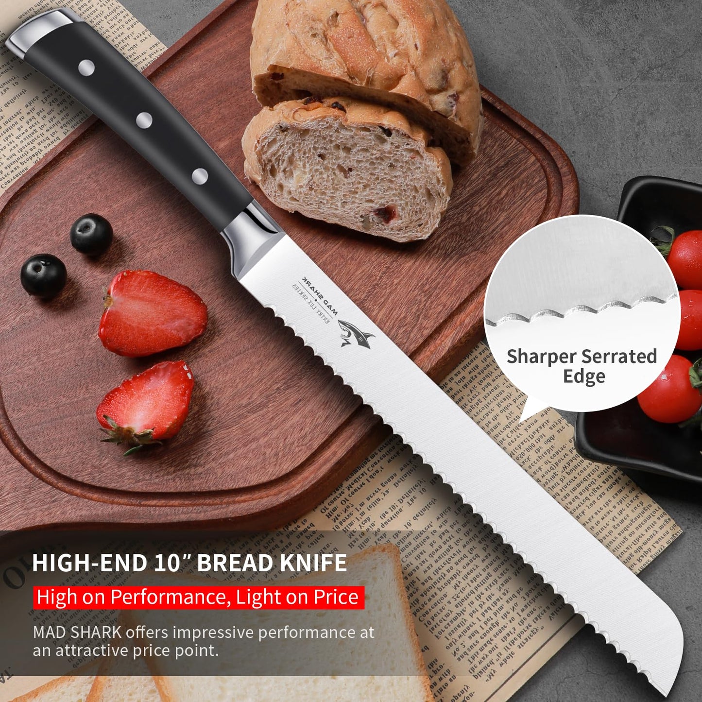 MAD SHARK Bread Knife, Sourdough Bread Knives, Bread Cutter Razor Sharp Edge for Efficient Slicing Sourdough, Bagels, Cake Cutter, 10 Inch Serrated Knife