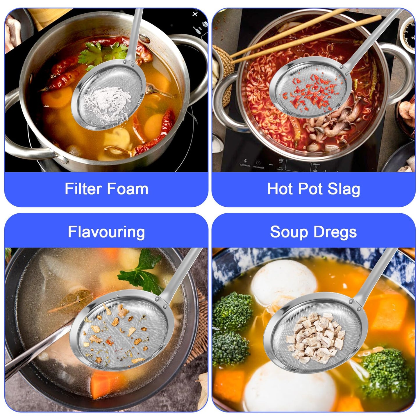Stainless Steel Fine Mesh Strainer, Set of 4 Fine Mesh Sieve for Kitchen Cooking, Long Handle Food Strainer Steel Colander (Set of 2 Sizes)