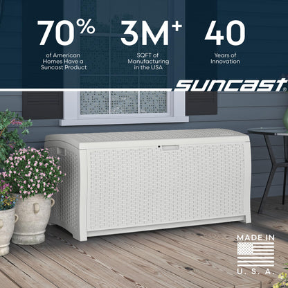 Suncast 99 Gallon Wicker Horizontal Outdoor Deck Box with Hinged Lid, Water-Resistant Storage Solution for Patio, Deck, Yard, and Garage, White, Made in the USA