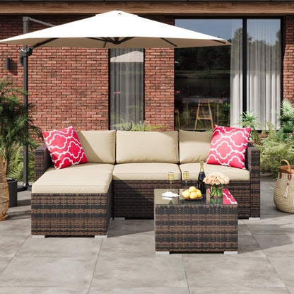 MilleLoom 5-Piece Outdoor Sectional Sofa Set, All-Weather PE Rattan Patio Furniture with Ottoman & Tempered Glass Table, Convertible Garden Couch for Backyard, Porch, Poolside (Brown/Khaki)