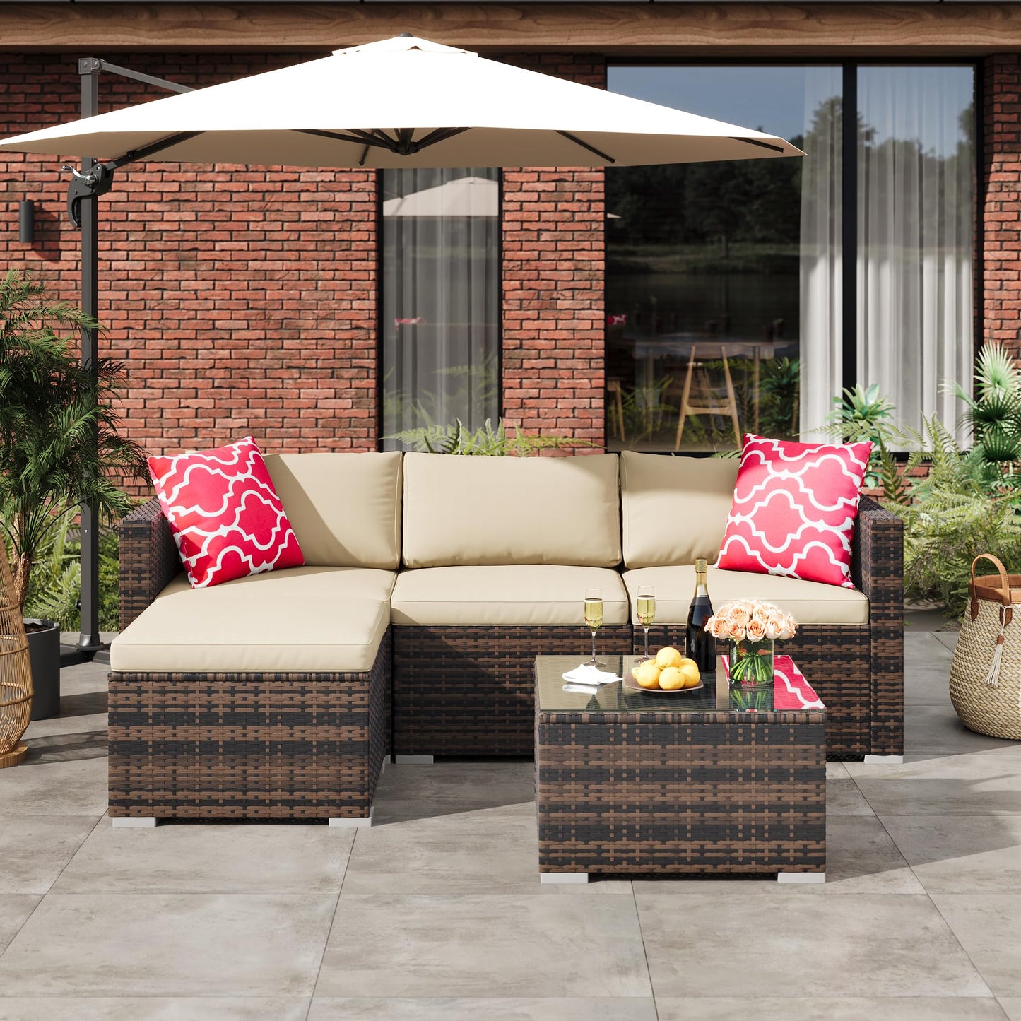 GAOMON 5-Piece All-Weather Patio Furniture Set, Convertible Outdoor Sectional Sofa with Ottoman & Tempered Glass Table, PE Rattan Conversation Set for Garden, Backyard, Porch, Poolside