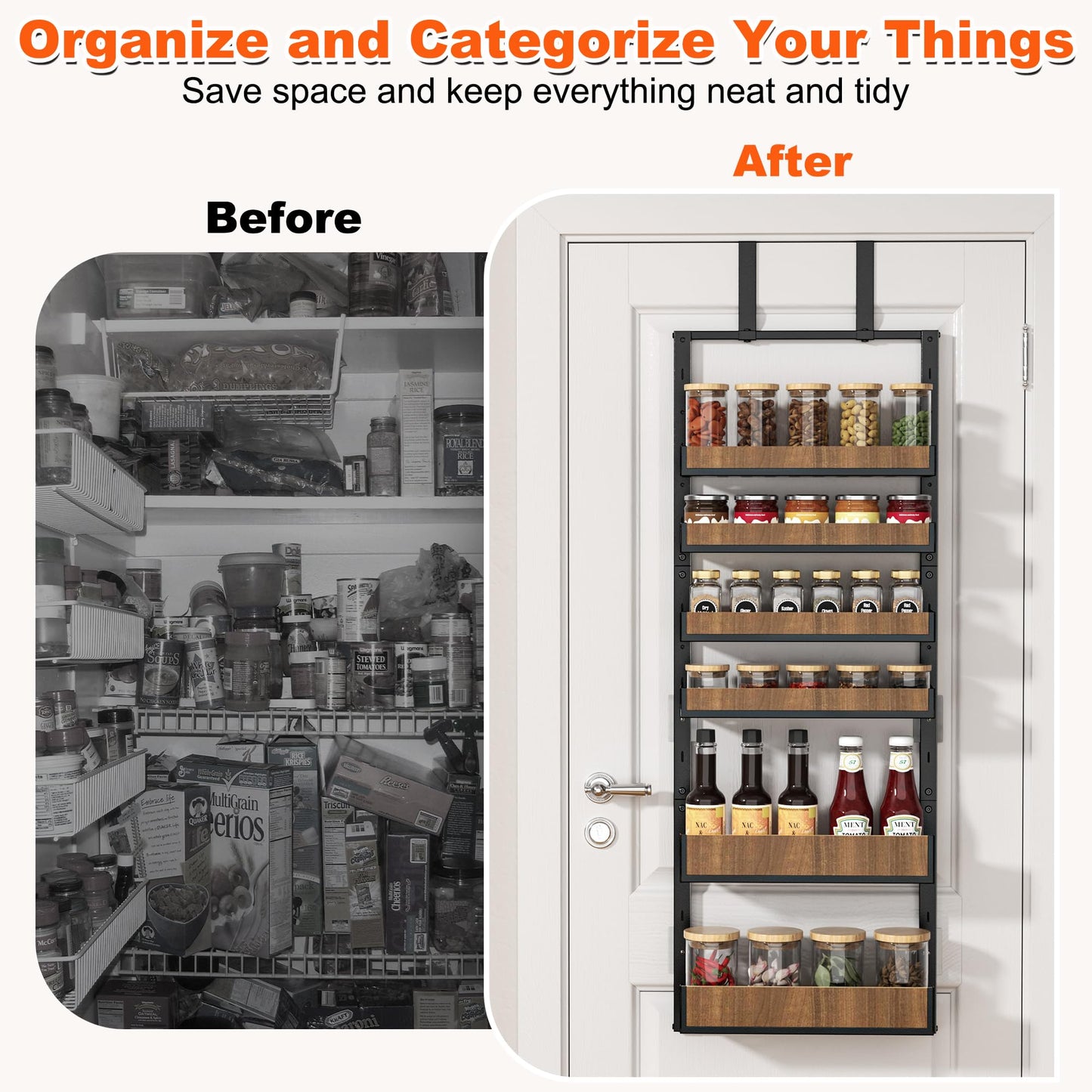 Aquzee Heavy Duty Pantry Door Organizer, 6-Tier Over the Door Pantry Organizer, 2 IN 1 Hanging Wall Mount Spice Rack, Adjustable Baskets, Spice Organization for Cabinet Kitchen Closet