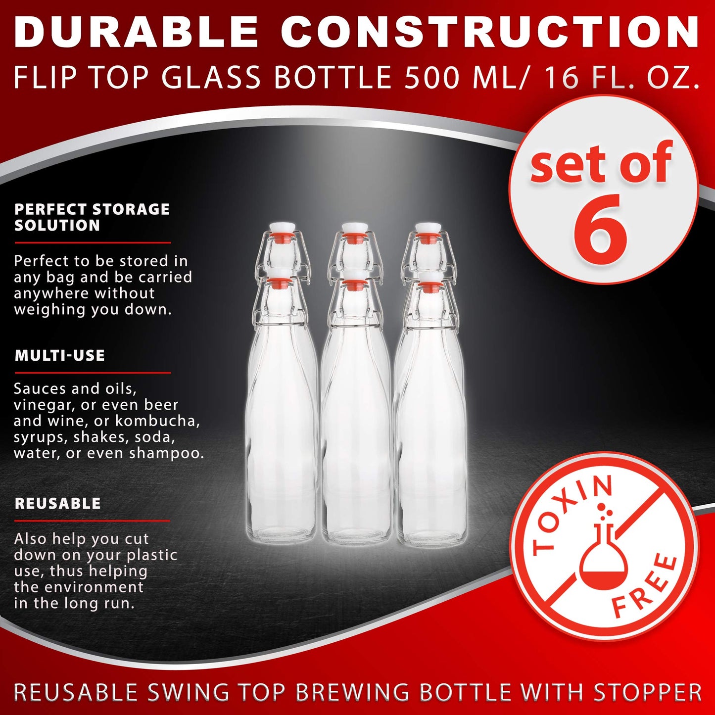 AYL Flip Top Glass Bottle [16 fl. oz./Pack of 6]– Swing Top Brewing Bottle with Stopper for Beverages, Oil, Vinegar, Kombucha, Beer, Water, Soda, Kefir – Airtight Lid & Leak Proof Cap – Clear