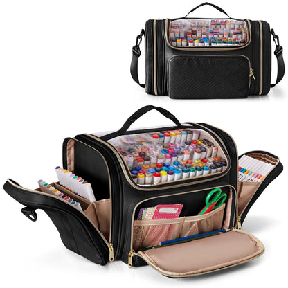 Rexmica Marker Organizer Case Bag for 180-300 Markers, Large Marker Storage Bag with Detachable Divider for Adults, Marker Travel Holder Case Bag for Various Markers or Other Art Craft Supply, Black