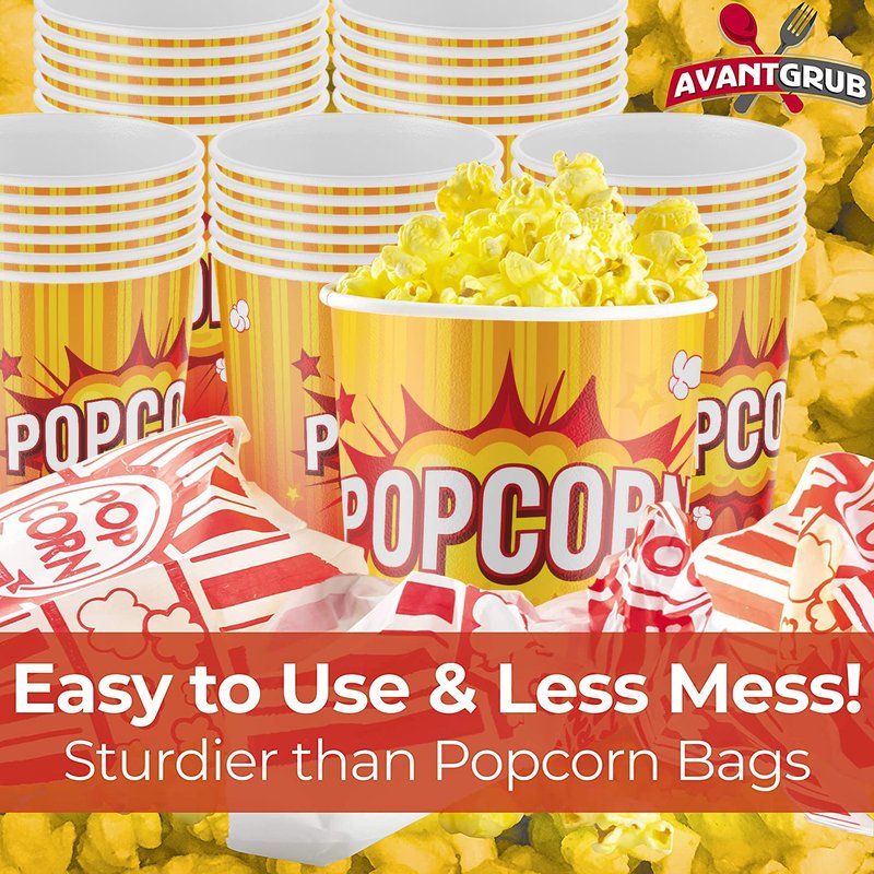 Leakproof, Super Durable 32oz Popcorn Cups 100 Pack. Grease-Proof Disposable Pop Corn Tubs With Cool Design Are the Ultimate Movie Theater Accessory. Large Containers Great for Any Party or Event