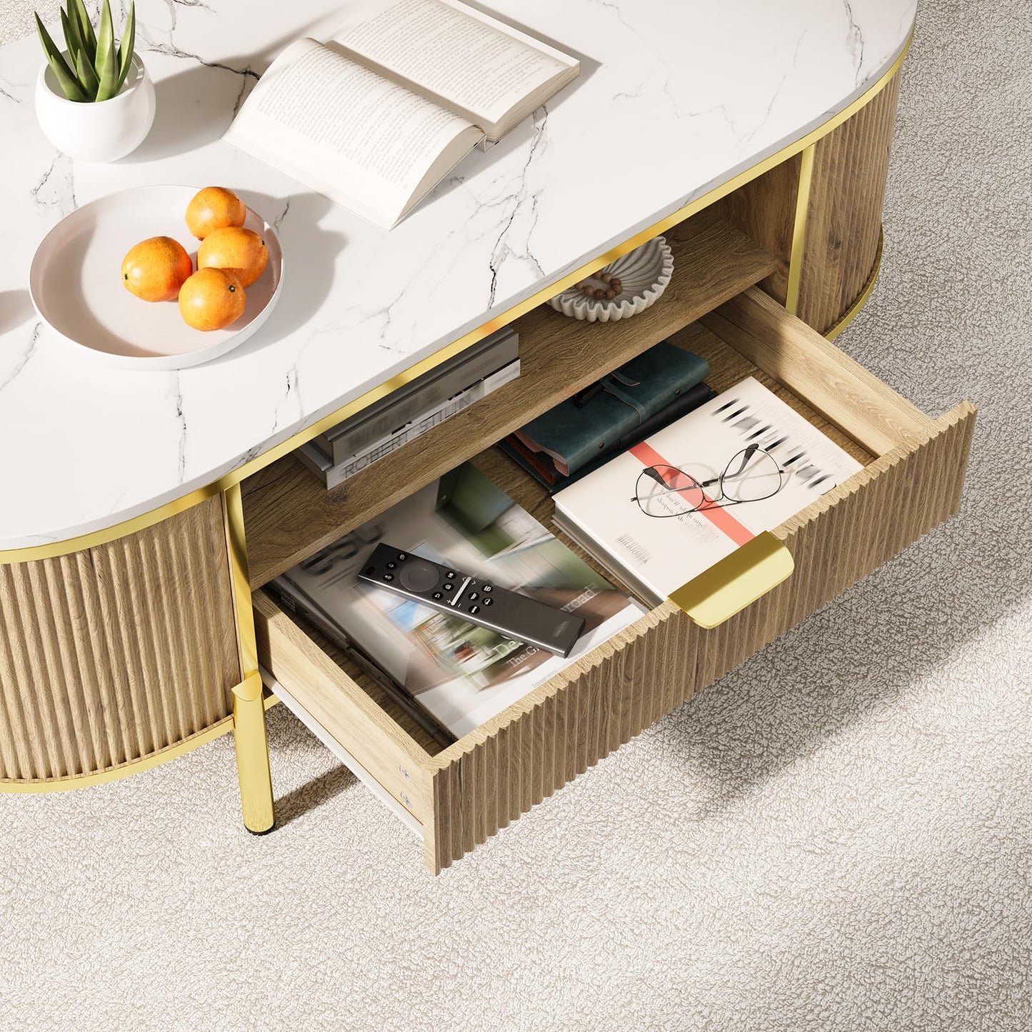 Modern Luxury Oval Coffee Table with Drawer, 48" Fluted Coffee Table with Faux Marble Top, Curved Profile Design, Gold Metal Decor, Center Table for Living Room- Natural Oak