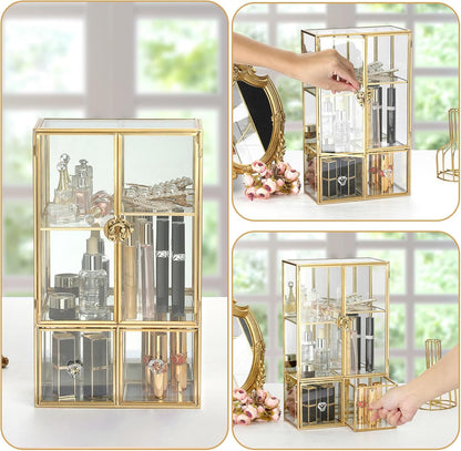 ELLDOO Clear Glass Storage Box with 2 Drawers, Gold Mirrored Jewelry Makeup Display Organizer Case