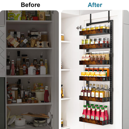 BUKFEN 6-Tier Over the Door Pantry Organizer, 2-in-1 Door Hanging or Wall Mounted Spice Rack, Heavy Duty Metal Storage Shelves with Adjustable Wooden Baskets for Kitchen Bathroom Closet