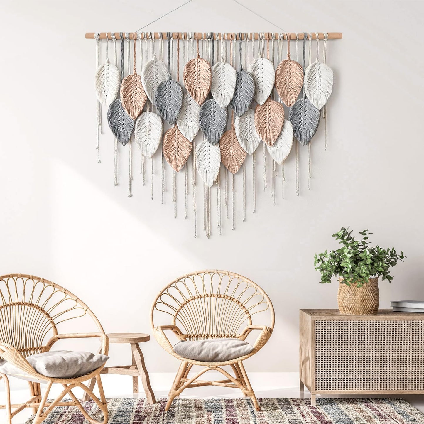 Alynsehom Large Macrame Wall Hanging, Boho Woven Tapestry, Chic Modern Bohemian Handmade Leaf Feather Wall Art Home Decor for Apartment Dorm Living Room Bedroom Nursery Backdrop (39" W X 29.5" L)