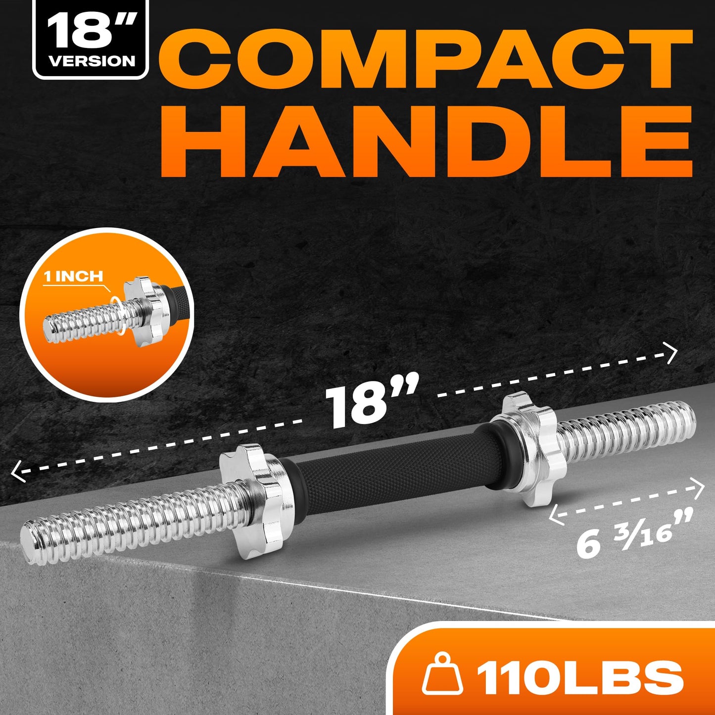 Yes4All Pair of Threaded Dumbbell Handles 14/16/18/24 inch, Chrome/Rubber Grip, Fit 1” Plates, Weight Bar Connector