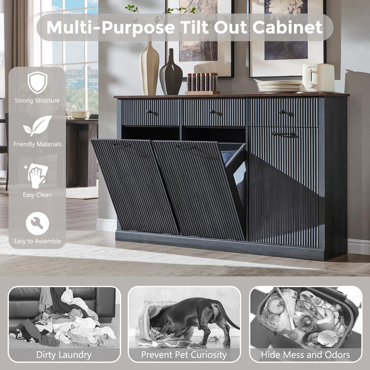 IFBUY Triple Tilt Out Laundry Hamper Cabinet, Modern Fluted Trash Can Cabinet with 3 Drawers, 20 Gallon Hidden Garbage Can Cabinets w/Laundry Basket & Adjustable shelf for Bathroom and Kitchen, Grey