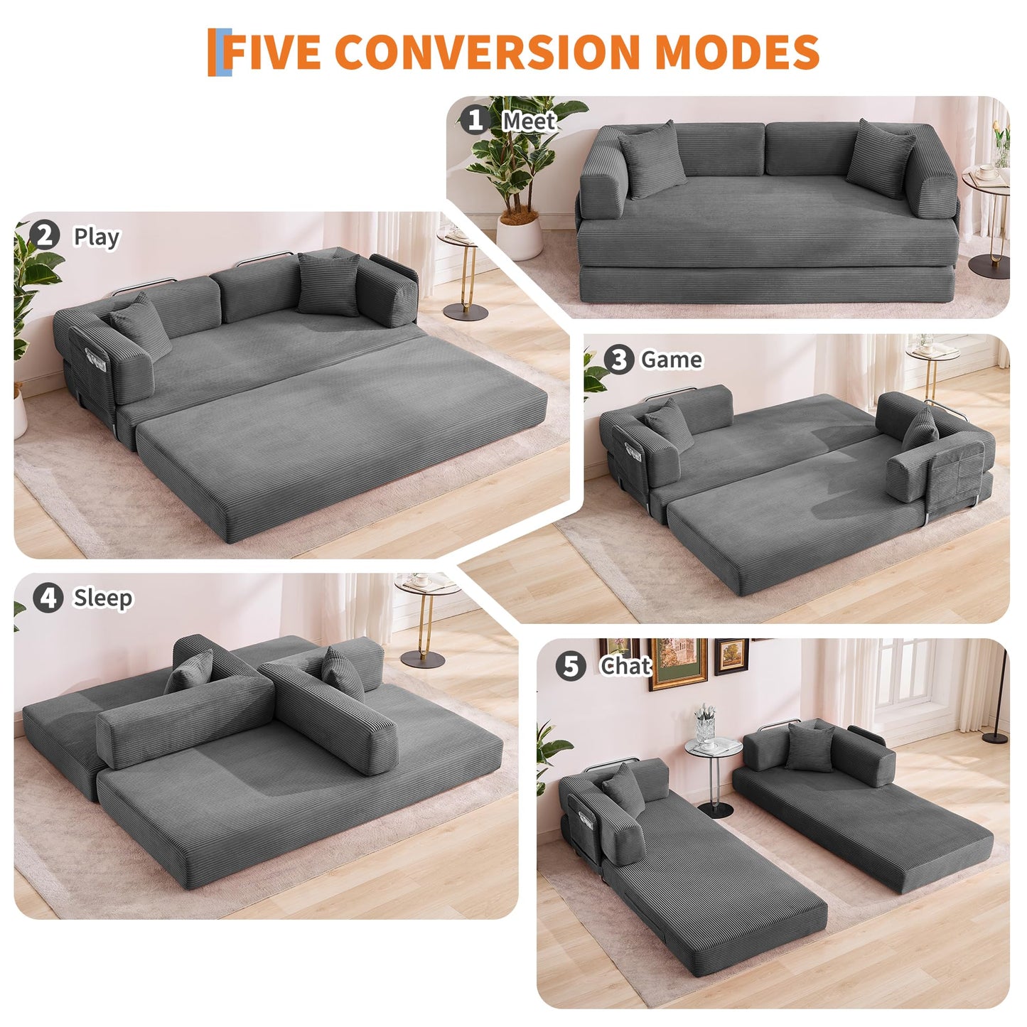 IDEALHOUSE Convertible Sofa Bed 5-in-1, 78.8 Inch Folding Futon Couch with Pull Out Bed, Corduroy Upholstered No-Assembly Loveseat Sleeper for Living Room, Bedroom, Lounge, Grey
