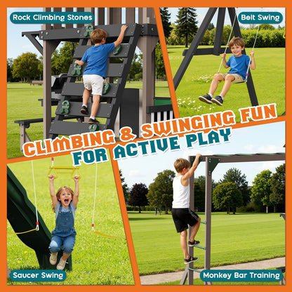 Albott Wooden Swing Set for Kids, Large Outdoor 11-in-1 Playset with Playhouse, Wave Slide, 2 Swings and Climbing Wall, Backyard Playground for Ages 3–8, 200" D x 161" W x 114" H