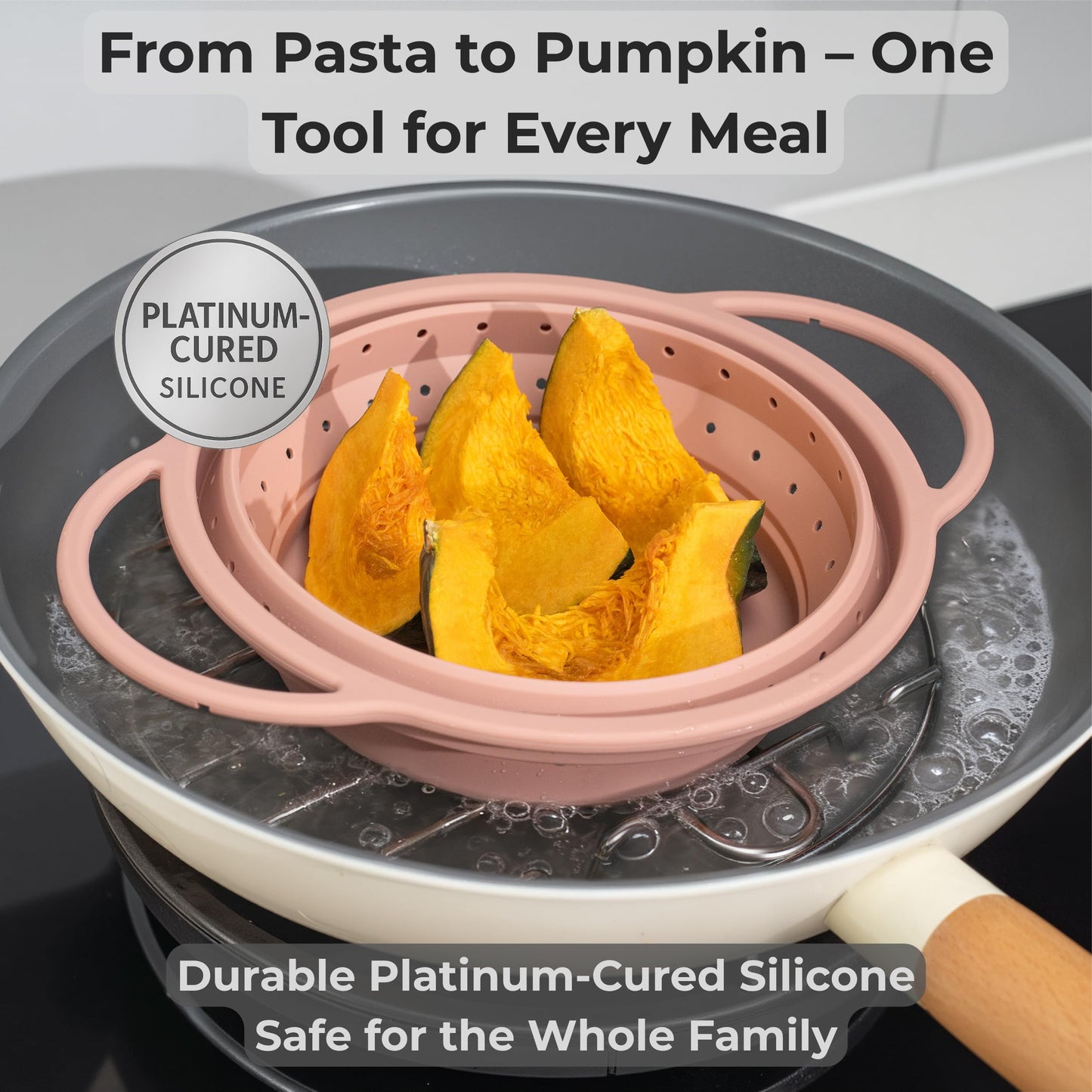 Silicone Colander Set – Collapsible Platinum Silicone Strainer with Stainless Steel Rim, Space-Saving & Heat-Resistant, Dishwasher Safe, BPA-Free by SelectShen™ (3 Pack)