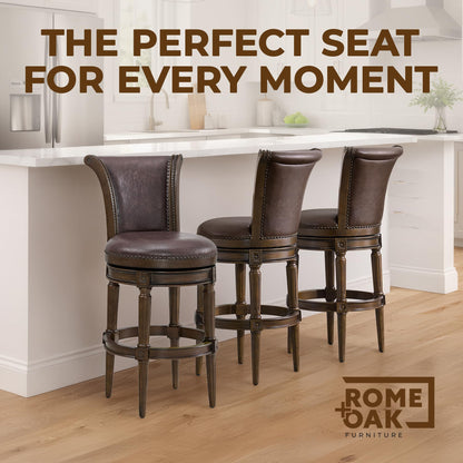 ROME + OAK Runyan 31" Swivel Bar Stool, High Back Barstool in Dark Walnut Finish with Vintage Brown Vegan Leather Seat