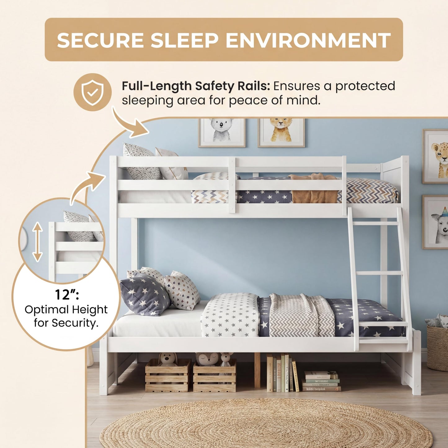KOMFOTT Twin Over Full Bunk Bed, Pine Bed Frame with 3-Step Ladder, Full-Length Guardrails & 21 Wooden Support Slats, Solid Wood Bunk Bed for Teens, Kids, Adults, Dorms and Apartments (White)