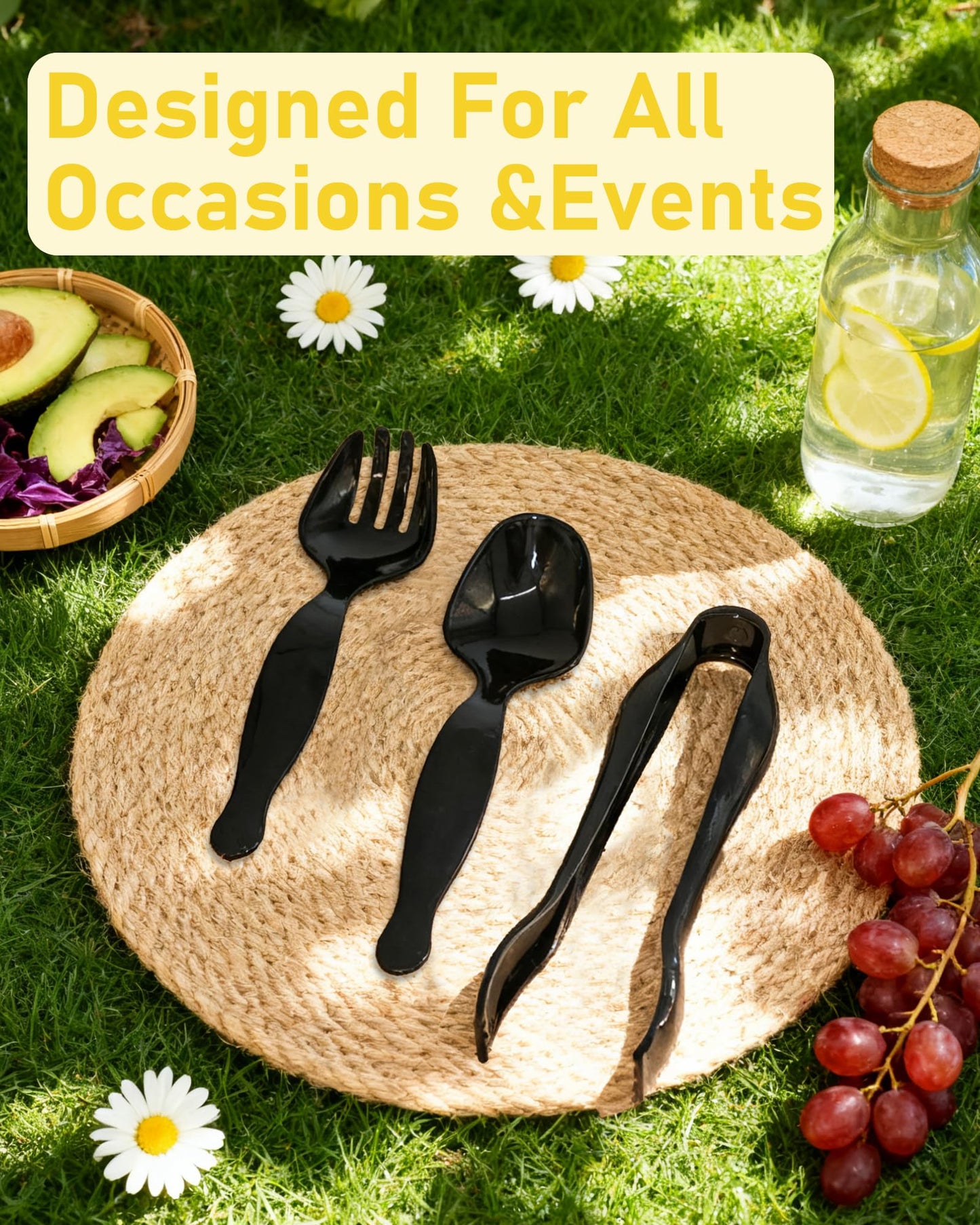 Plastic Serving Utensils 36PCS, Disposable Serving Utensils for Buffets Events Parties - 12 Sets of Heavy Duty Plastic Serving Spoons, Forks, Tongs for Wedding/Birthday/Catering Events (Black)