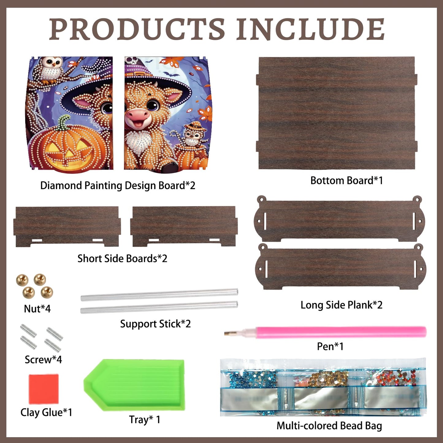 antor DIY Diamond Painting Wooden Storage Box, Halloween Cow and Pumpkin Special Shaped Rhinestone Art Flip Cover Organizer, Handmade Desktop Diamond Art Storage Box Decor