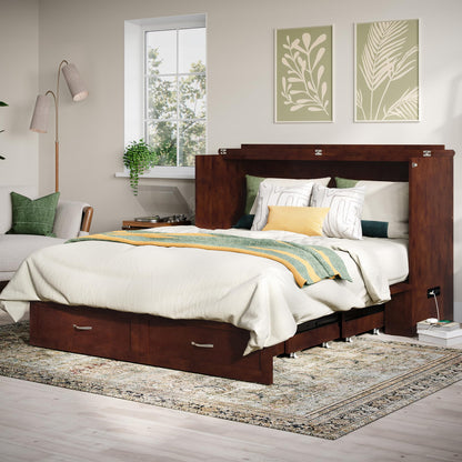 AFI, Raleigh Modern Queen Solid Wood Murphy Bed Chest with 6" Mattress, Storage Drawer & Built-in USB Charger, Walnut