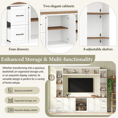 Ball & Cast 94.8" Entertainment Center Wall Unit with Bookshelf for TVs Up to 70",Farmhouse Large TV Stand with Walnut Adjustable Shelves,Retro Media Console with 4 Drawers for Living Room,White