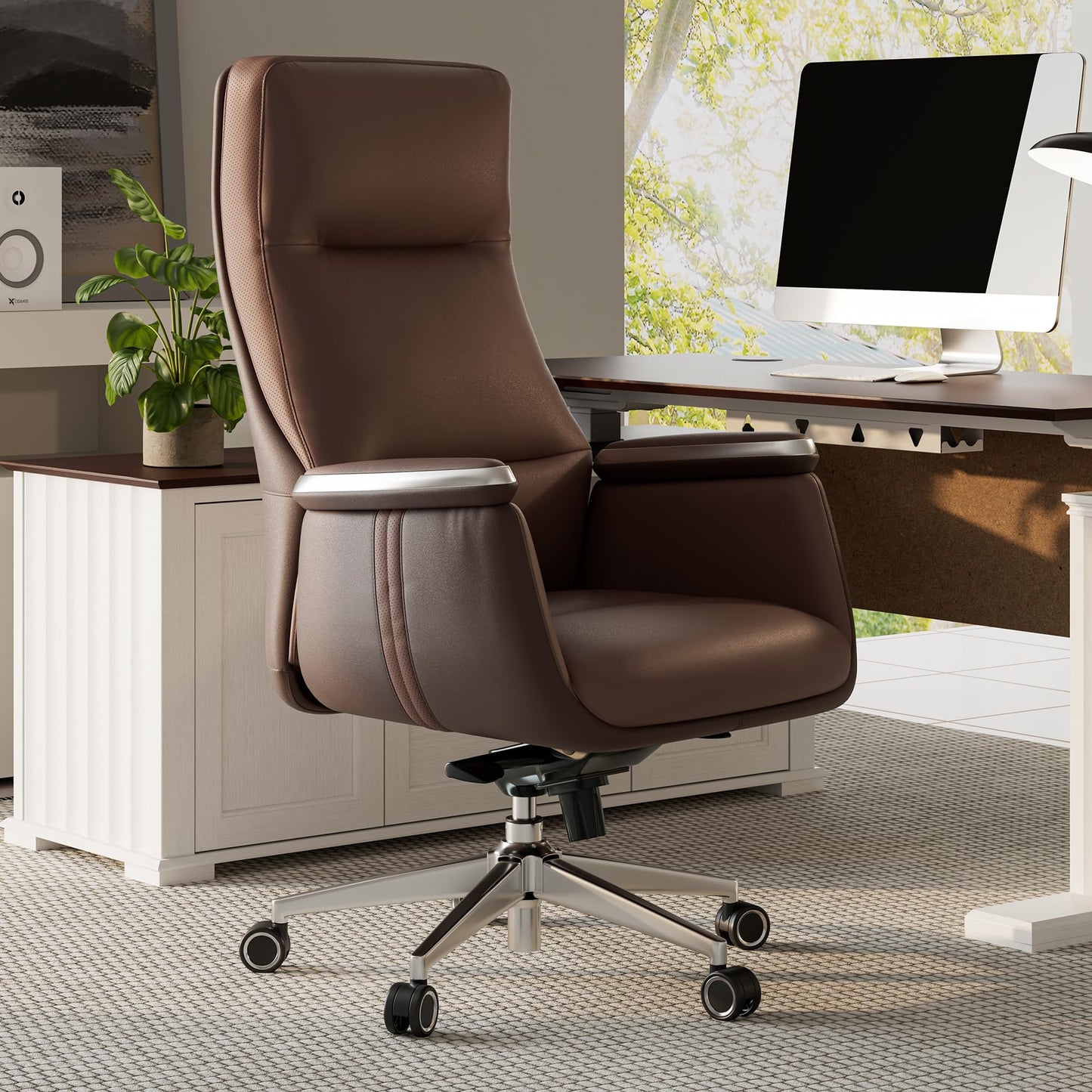 EUREKA ERGONOMIC Royal II Executive Office Chair High Back, Big and Tall with Extra Wide Seat, Silicone Leather Desk Chair Computer Chair, Modern Office Chair Home Office Desk Chairs-Brown