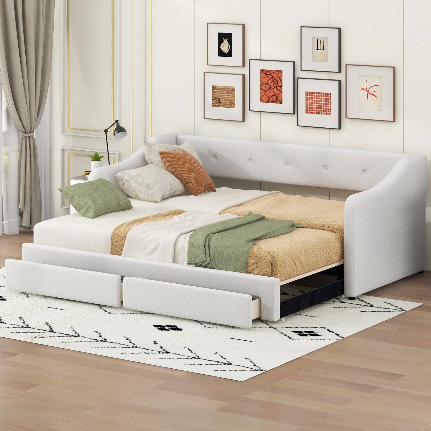 Twin XL to King Size Upholstered Daybed with Linen Fabric, 2 Storage Drawers, Extendable Platform Bed with Foam-Padded Back and Armrests, Sturdy Pine and MDF Frame, Sofa Bed for Users, Beige