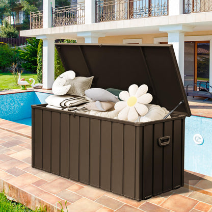 SHPAI 190 Gallon Metal Deck Box, Waterproof Steel Outdoor Box, Large Patio Furniture Storage Cabinet, Lockable Storage Bench for Porch Package Delivery, Pillows, Cushions, Pool, Tools, Backyard, Brown