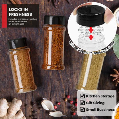 TUZAZO 24 Pcs Spice Bottles Plastic Seasoning Containers, 3 Oz Clear Plastic Spice Jars with Shaker Lids Empty for Spice & Herbs, Powders, Glitters, BPA Free | Heavy Duty | Wide Mouth | Dual Flaps