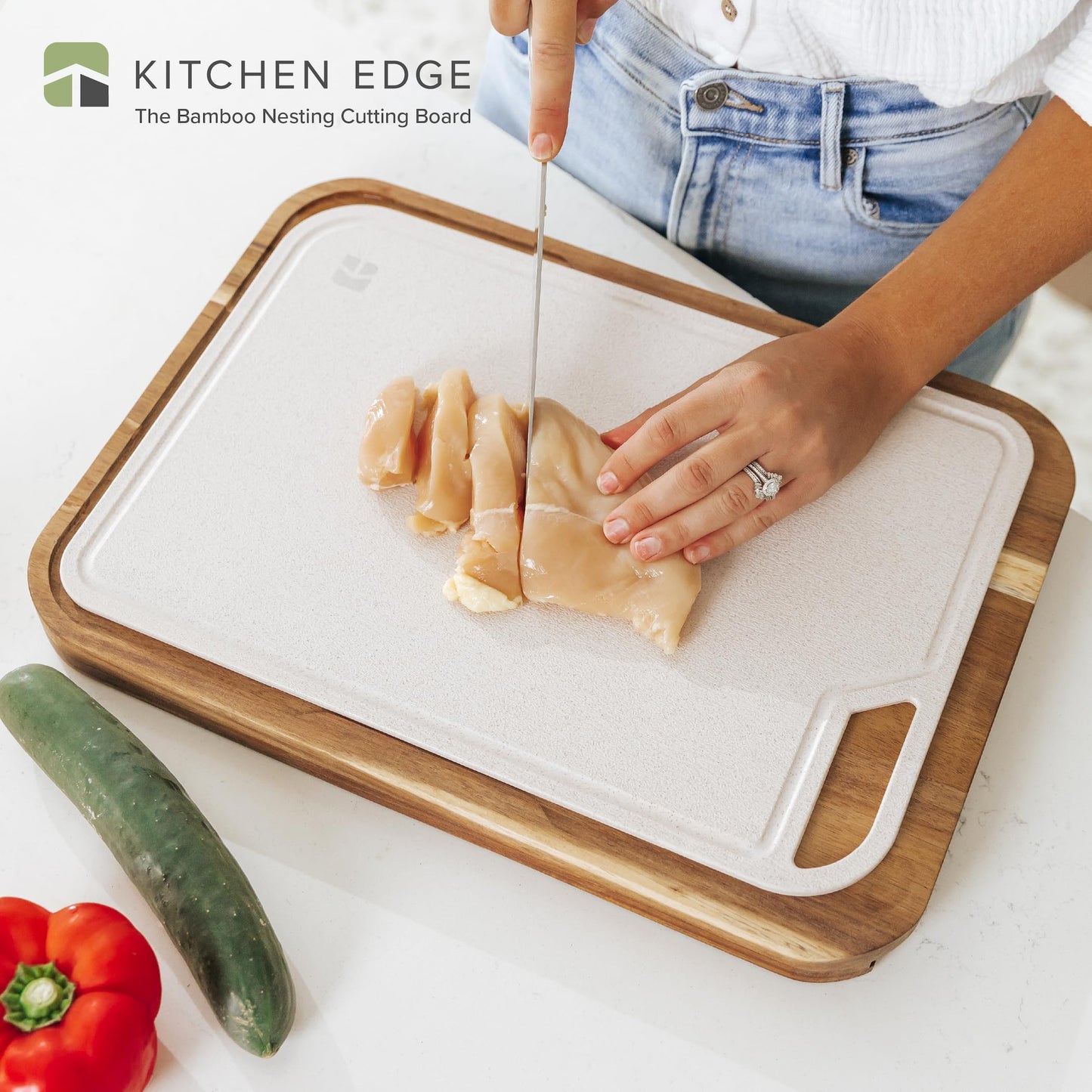 KitchenEdge Premium Acacia Cutting Board with Nesting Rice Fiber Chopping Board for Cooking Prep, 2 Piece Kitchen Set, Non-Slip Feet with Juice Groove, Heavy Duty, Pre Oiled, 17” x 12.5”