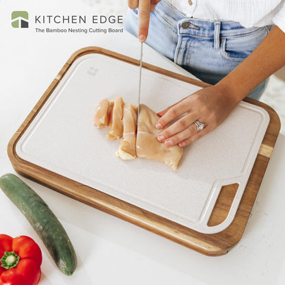 KitchenEdge Premium Acacia Cutting Board with Nesting Rice Fiber Chopping Board for Cooking Prep, 2 Piece Kitchen Set, Non-Slip Feet with Juice Groove, Heavy Duty, Pre Oiled, 17” x 12.5”