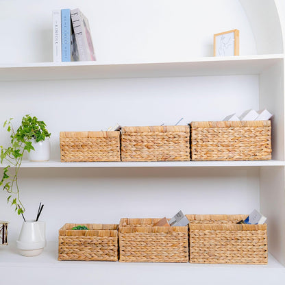 M4DECOR Water Hyacinth Storage Baskets Set of 6 - Handwoven Wicker Organizing Baskets for Shelves & Pantry