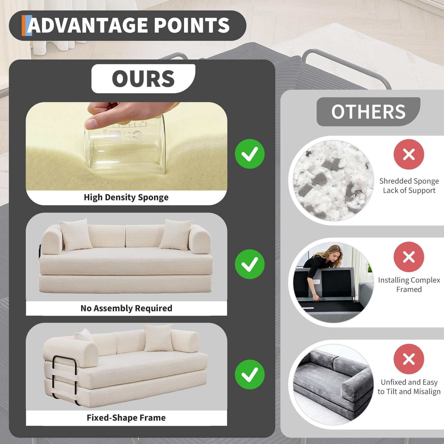 GarveeHome 79" Convertible Sleeper Sofa Bed Couch, 4-in-1 Boneless Corduroy Folding Sofa Bed with Pillow & Fixed-Shape, Floor Mattress Couch Loveseat for Living Room Apartments - No Assembly, Beige