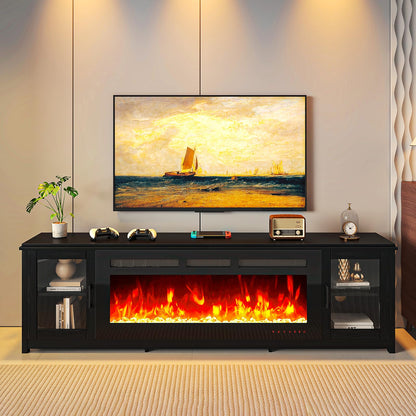 MXV 80" Fireplace TV Stand, Modern Entertainment Center with 50 Inch Smart Fireplace, Adjustable Shelf & Glass Door, Fire Place with WI-FI Enabled, TV Console for Living Room, Black