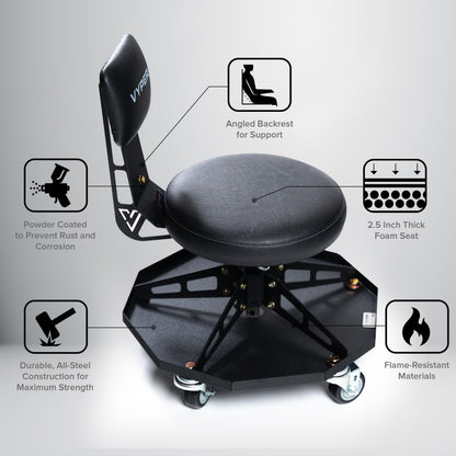 Vyper Robust Steel Sport Shop Chair for Mechanics, Automotive, DIY - 300 lb Capacity Garage Stool with Backrest & Large Wheels (Black Seat, Black Frame)