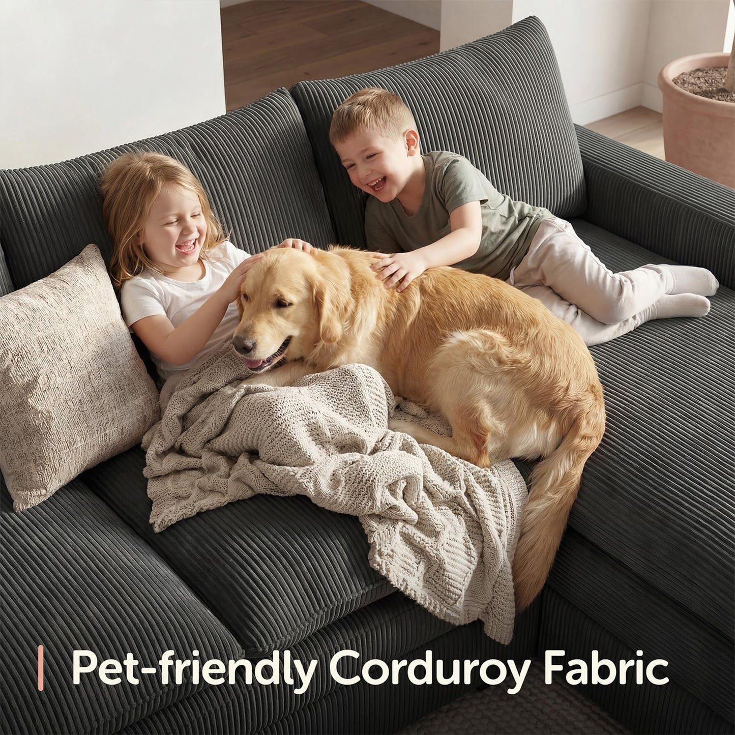 HONBAY 97.6 Inch Corduroy Cloud Modular Sectional Sofa with Chaise, Deep Seat L-Shaped Couch with Storage for Living Room, Apartment, Small Space,Grey