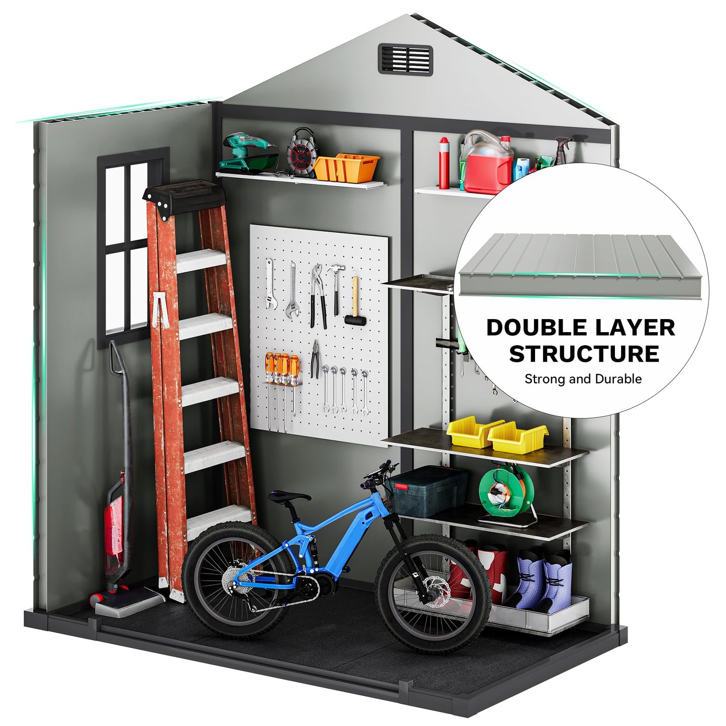 DWVO 6x4 FT Resin Storage Shed with Reinforced Floor, Outdoor Storage Shed with Lockable Door, Window and Vents, Waterproof Plastic Tool Storage for Garden, Backyard, Patio, Lawn(Blue-Gray+Black)