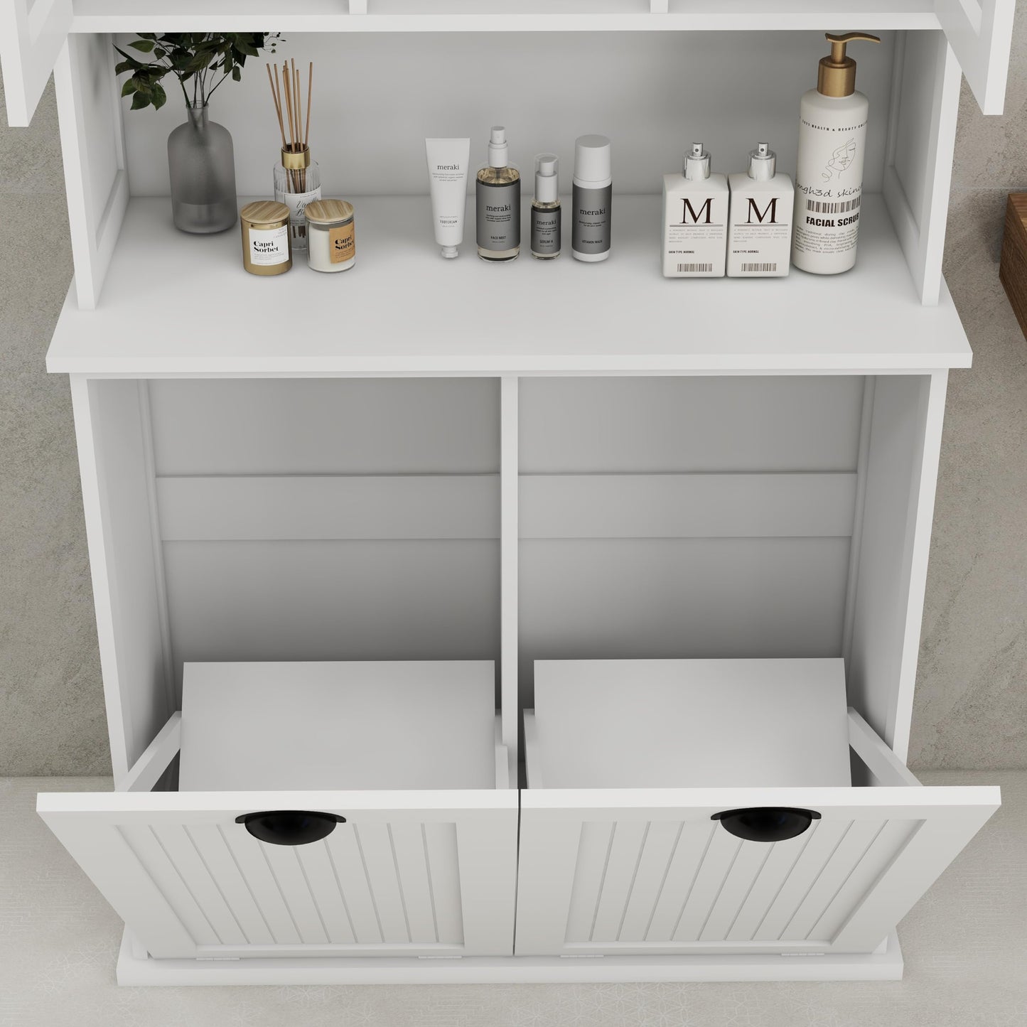 Amacv Two-Compartment Tilt-Out Dirty Laundry Basket Tall Bathroom Cabinet with 2 Adjustable Shelves-White